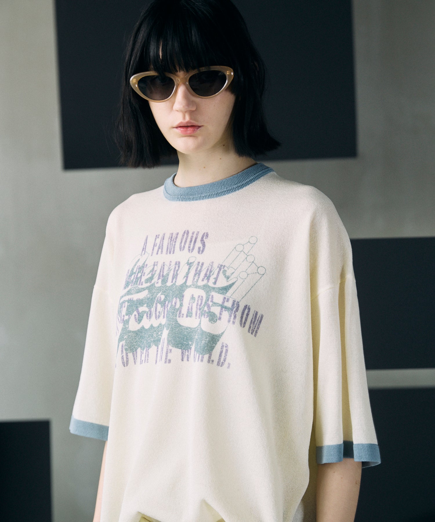 Linen-touch Nostalgia Prime-Over Ringer Pattern Knit T-shirt