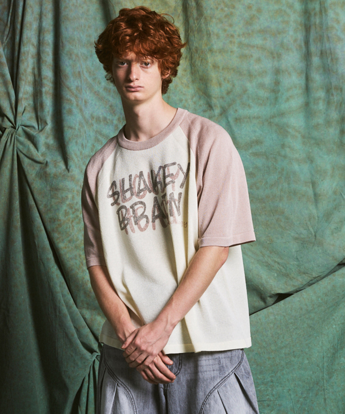 Linen-touch Nostalgia Prime-Over Raglan Pattern Knit T-shirt