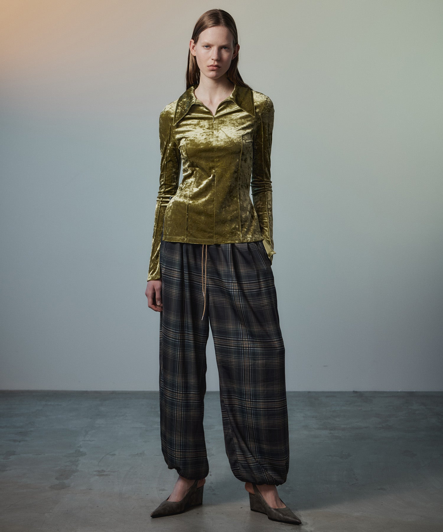 【26AUTUMN PRE-ORDER】Satin Check Easy Pants