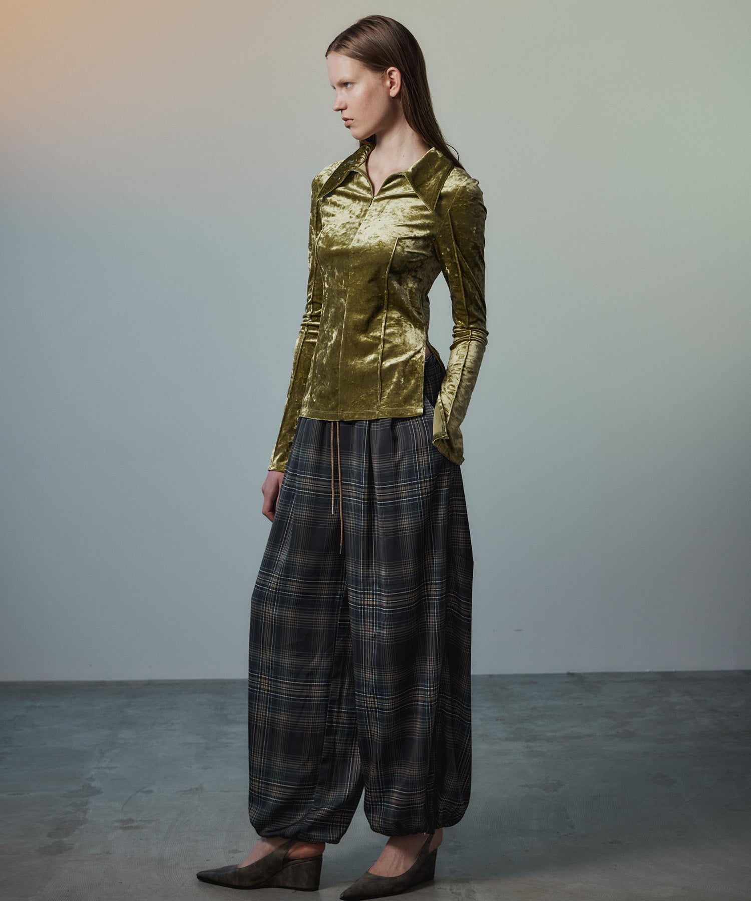 【26AUTUMN PRE-ORDER】Satin Check Easy Pants