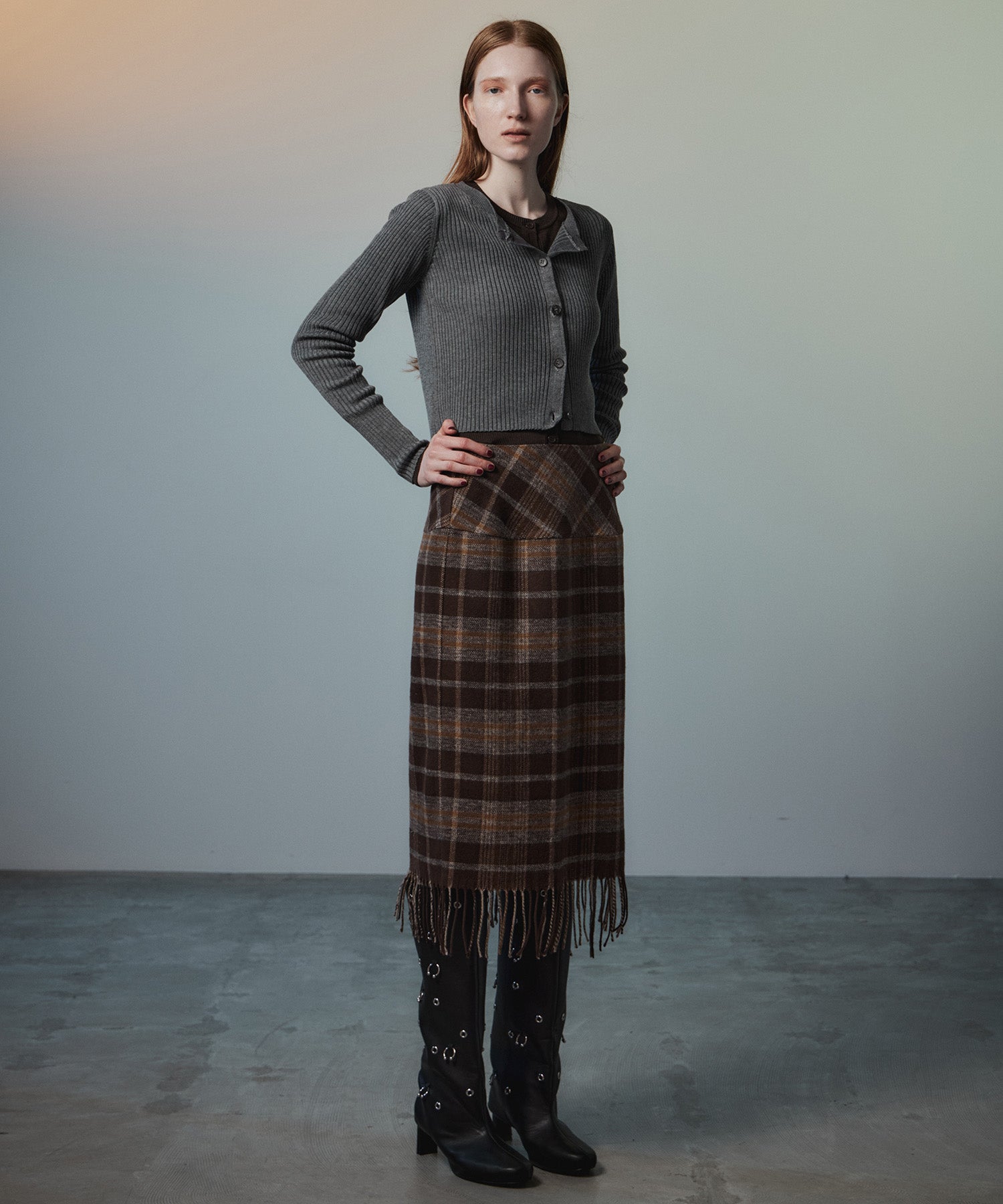 【26AUTUMN PRE-ORDER】Check Fringe Skirt
