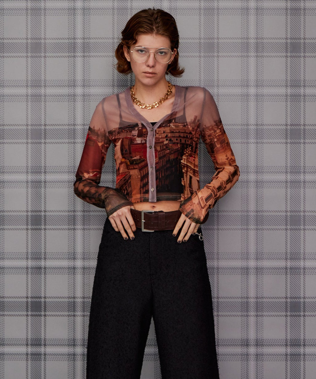 City Photo Print Sheer Cardigan