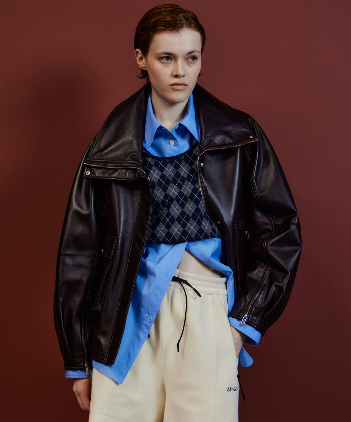 【26AUTUMN PRE-ORDER】Oversized Stand Collar Leather Blouson