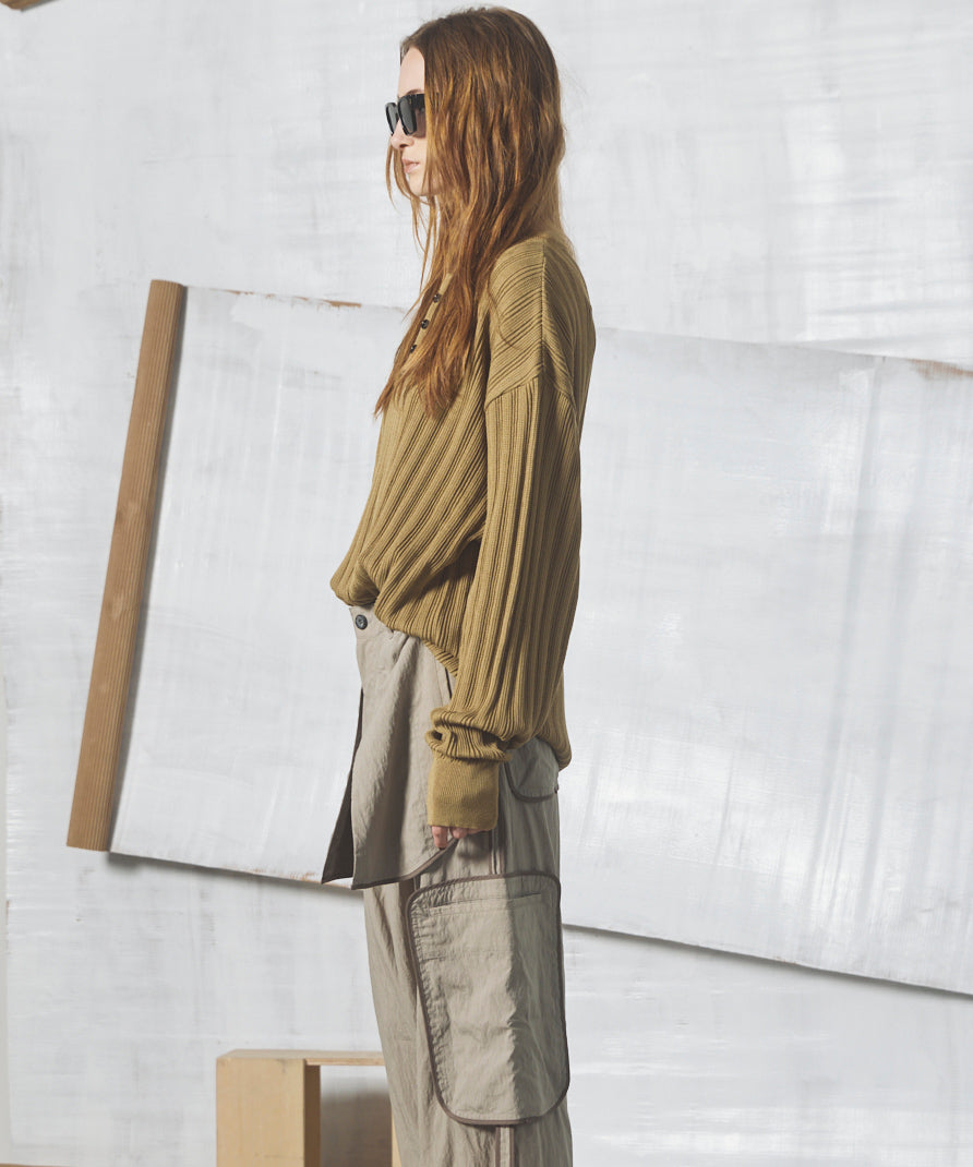【26AW PRE-ORDER】Shadow Stripe Prime-Over Henley Neck Knit Sweater