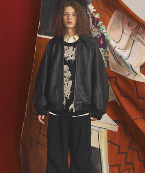 【26AW PRE-ORDER】Grain Leather Prime-Over Single Raglan Ribbed Blouson