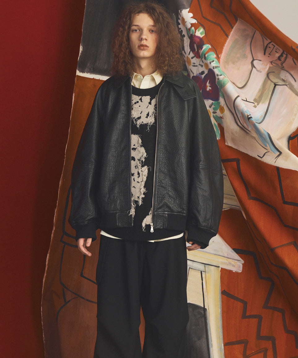 【26AW PRE-ORDER】Grain Leather Prime-Over Single Raglan Ribbed Blouson