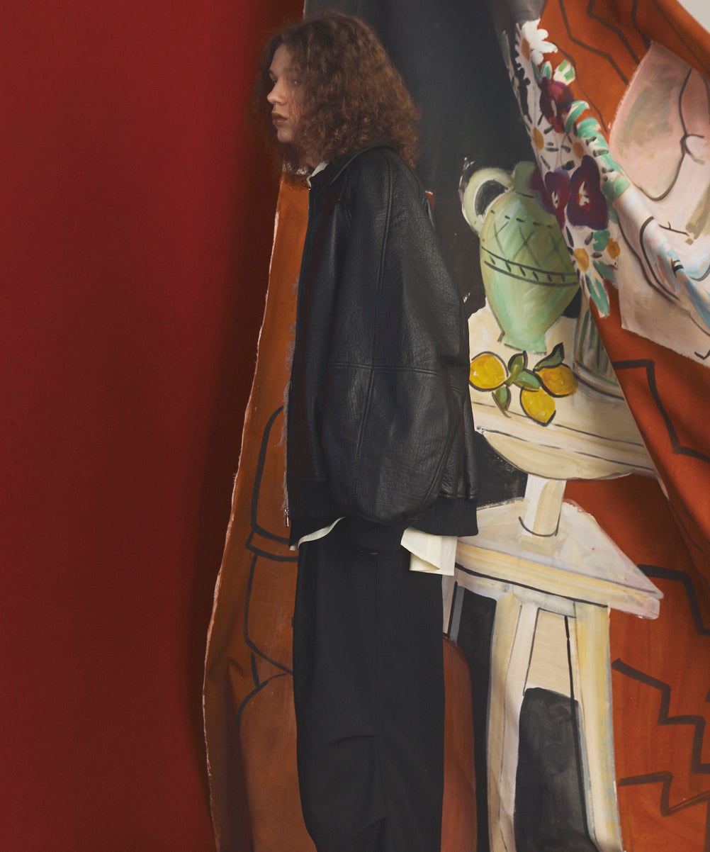 【26AW PRE-ORDER】Grain Leather Prime-Over Single Raglan Ribbed Blouson