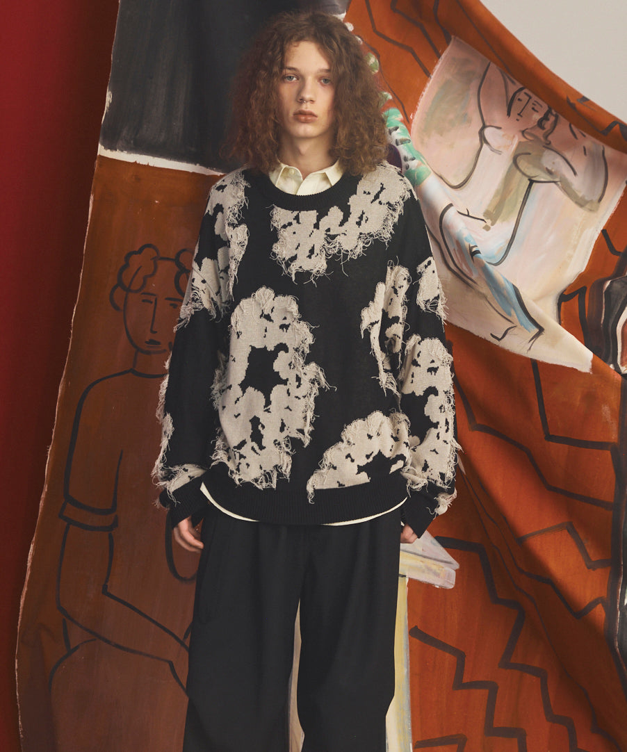 【26AW PRE-ORDER】Fringe Cut Jacquard Prime-Over Flower Pattern Knit Sweater