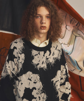 【26AW PRE-ORDER】Fringe Cut Jacquard Prime-Over Flower Pattern Knit Sweater