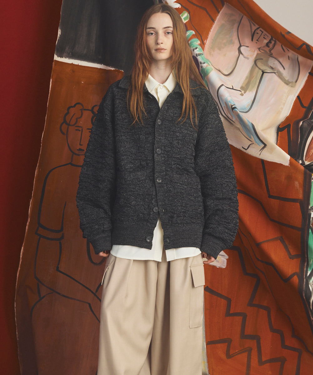 【26AW PRE-ORDER】Melange Random Tucks Prime-Over Collared Knit Cardigan