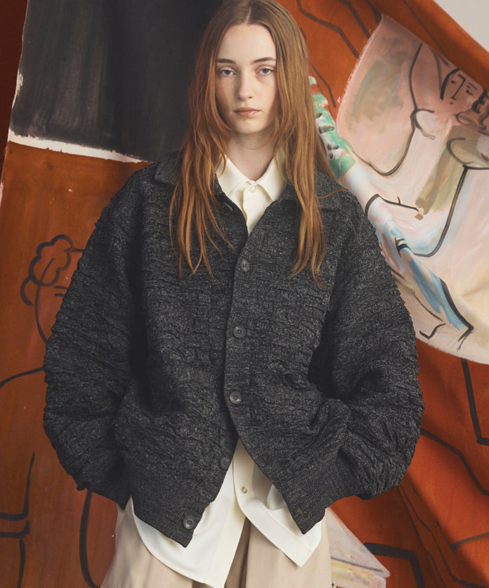 【26AW PRE-ORDER】Melange Random Tucks Prime-Over Collared Knit Cardigan