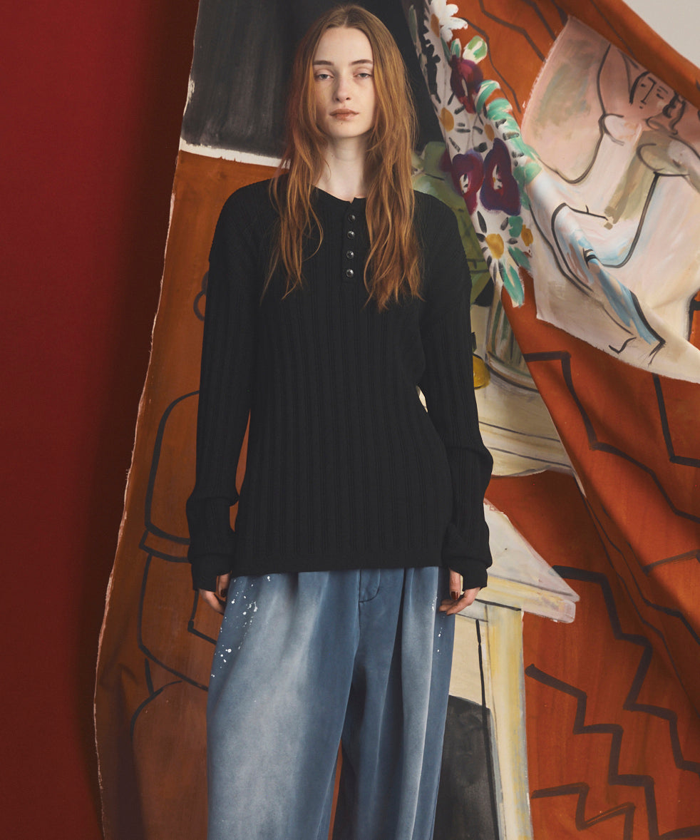 【26AW PRE-ORDER】Shadow Stripe Prime-Over Henley Neck Knit Sweater