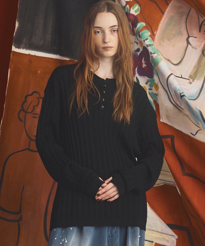 【26AW PRE-ORDER】Shadow Stripe Prime-Over Henley Neck Knit Sweater