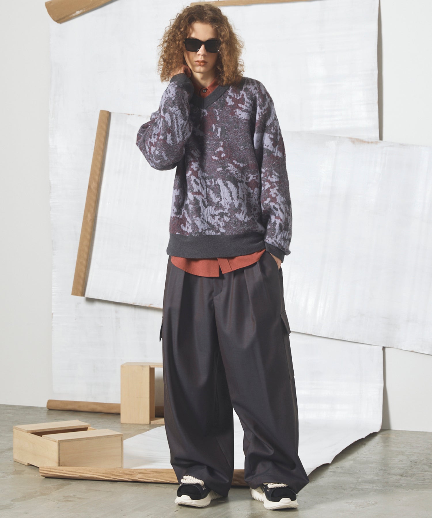 4 Colors Chambray Washable Wool Prime-Wide Cargo Pants