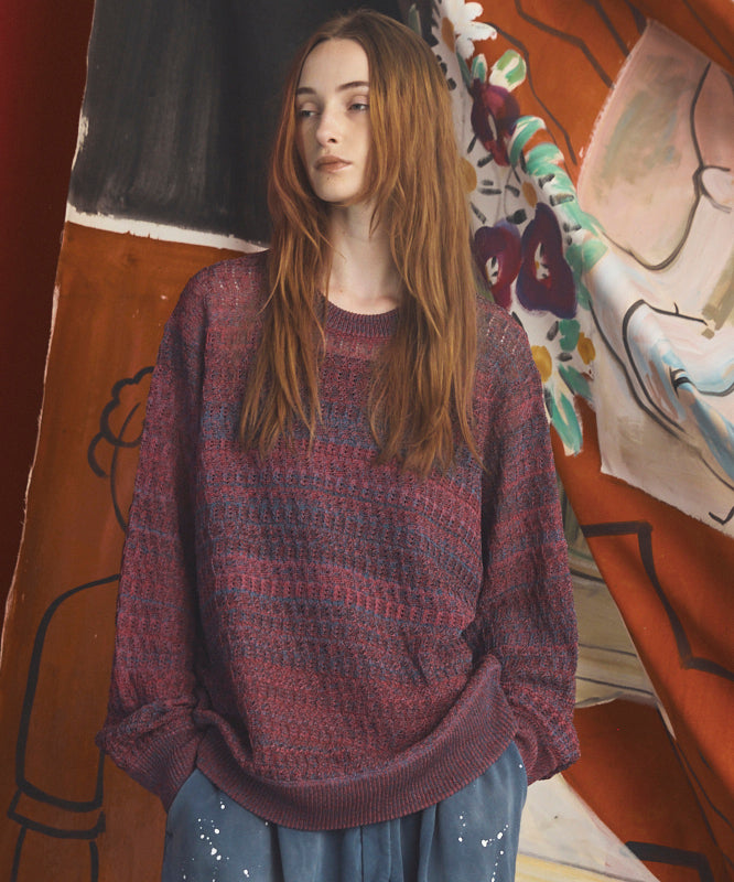 【26AW PRE-ORDER】Sheer Mixed Stripe Prime-Over Crewneck Knit Sweater