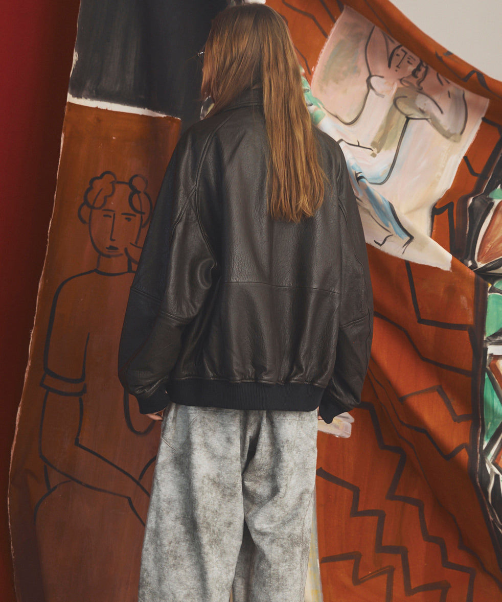 【26AW PRE-ORDER】Grain Leather Prime-Over Single Raglan Ribbed Blouson