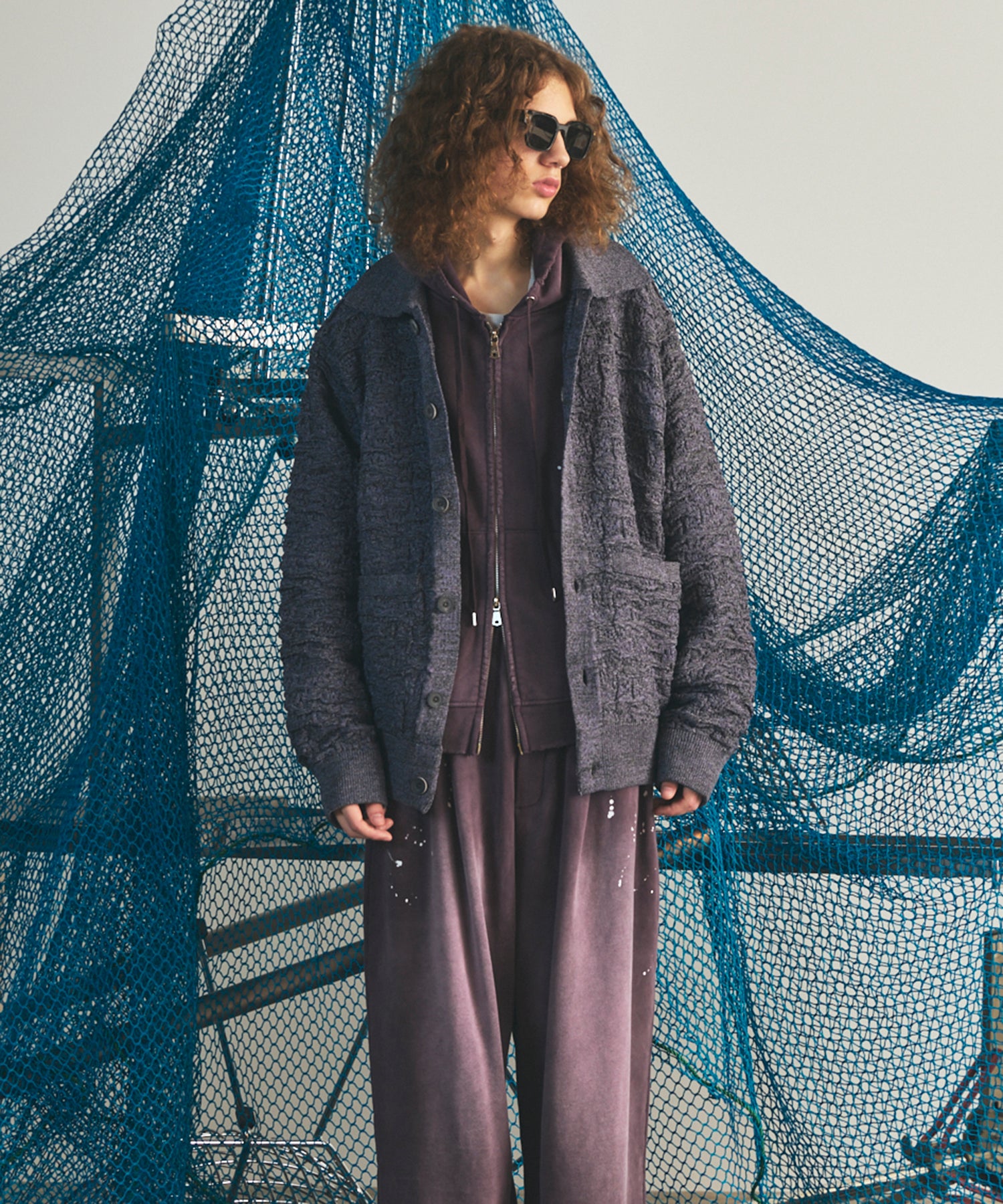 【26AW PRE-ORDER】Melange Random Tucks Prime-Over Collared Knit Cardigan