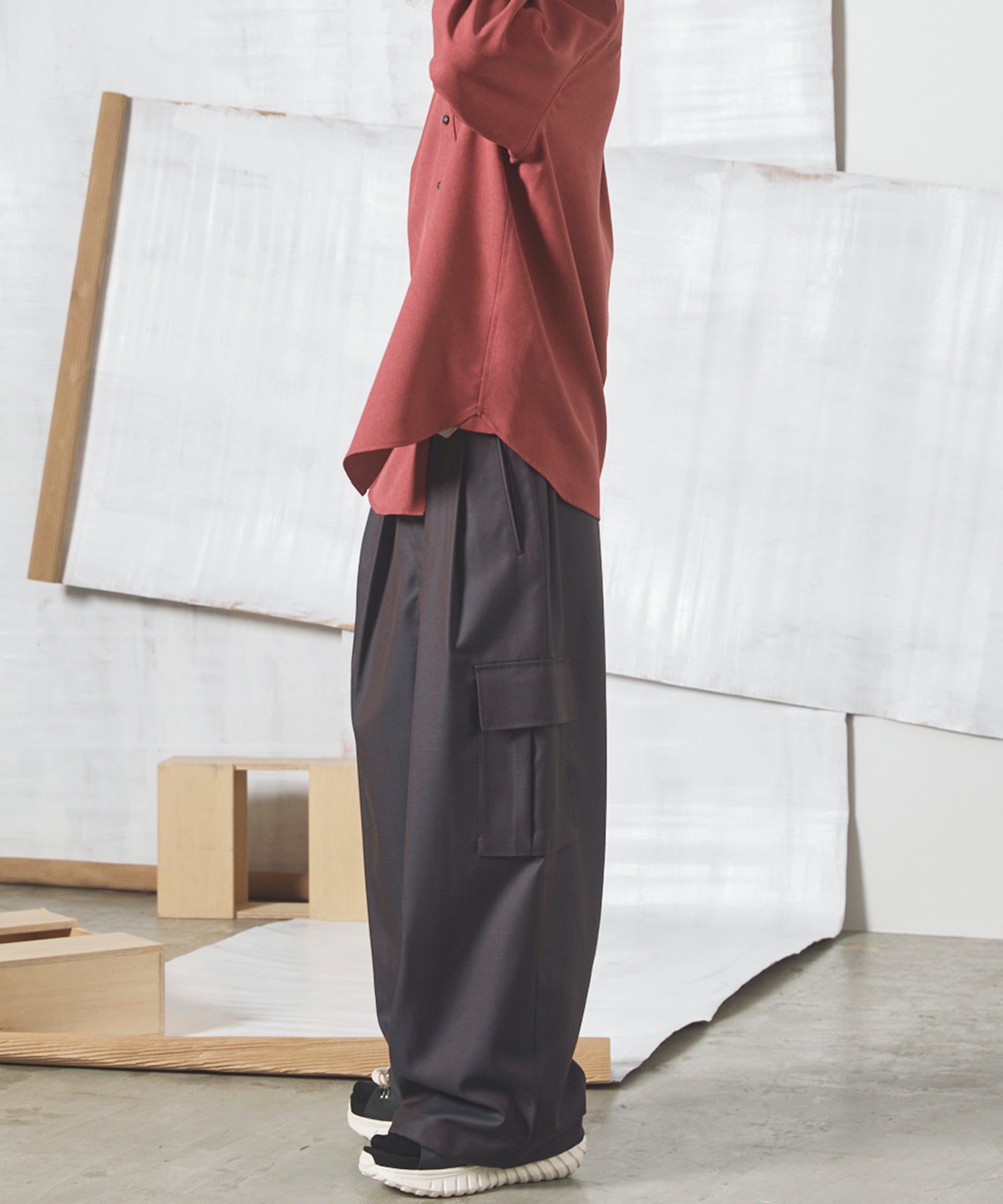 4 Colors Chambray Washable Wool Prime-Wide Cargo Pants