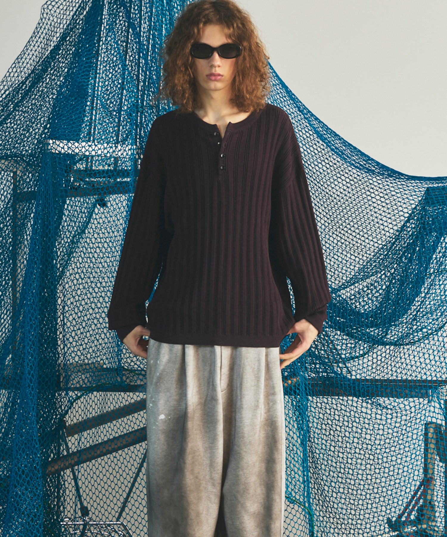 【26AW PRE-ORDER】Shadow Stripe Prime-Over Henley Neck Knit Sweater