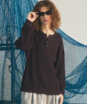 【26AW PRE-ORDER】Shadow Stripe Prime-Over Henley Neck Knit Sweater