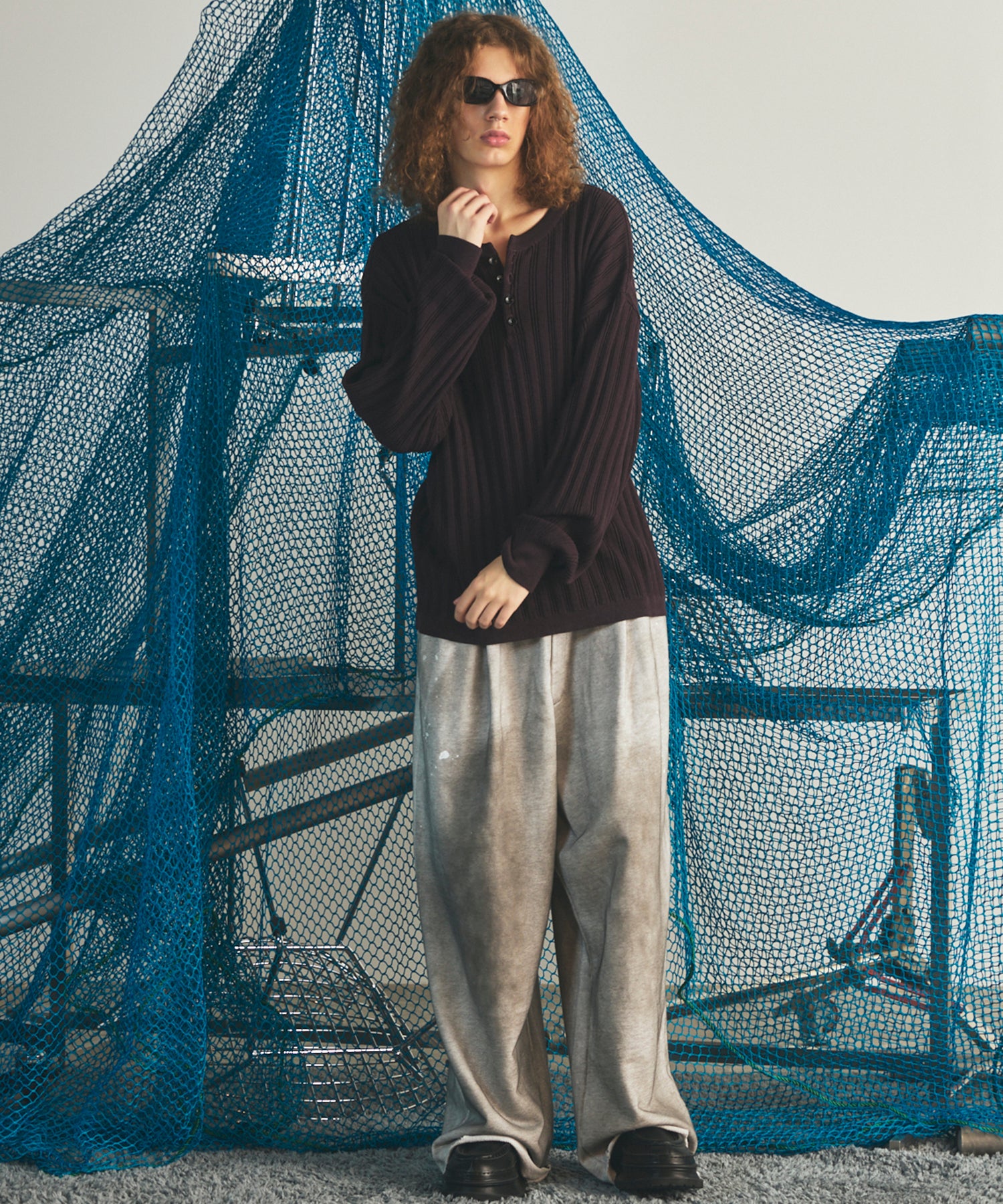 【26AW PRE-ORDER】Shadow Stripe Prime-Over Henley Neck Knit Sweater