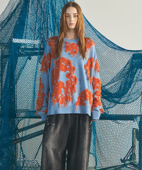 【26AW PRE-ORDER】Fringe Cut Jacquard Prime-Over Flower Pattern Knit Sweater
