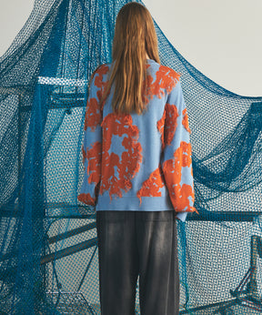 【26AW PRE-ORDER】Fringe Cut Jacquard Prime-Over Flower Pattern Knit Sweater