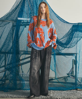 【26AW PRE-ORDER】Fringe Cut Jacquard Prime-Over Flower Pattern Knit Sweater