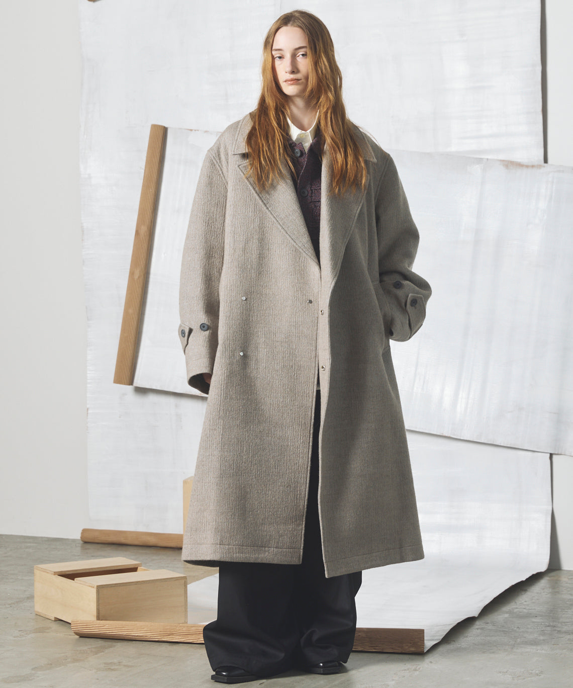 【26AW PRE-ORDER】Melange Random Tucks Prime-Over Collared Knit Cardigan