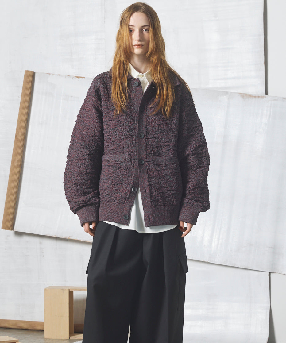 【26AW PRE-ORDER】Melange Random Tucks Prime-Over Collared Knit Cardigan