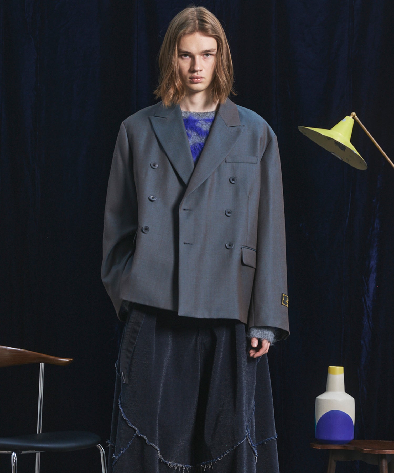 4 Colors Chambray Washable Wool Prime-Over Peaked Lapel Double Breasted Jacket