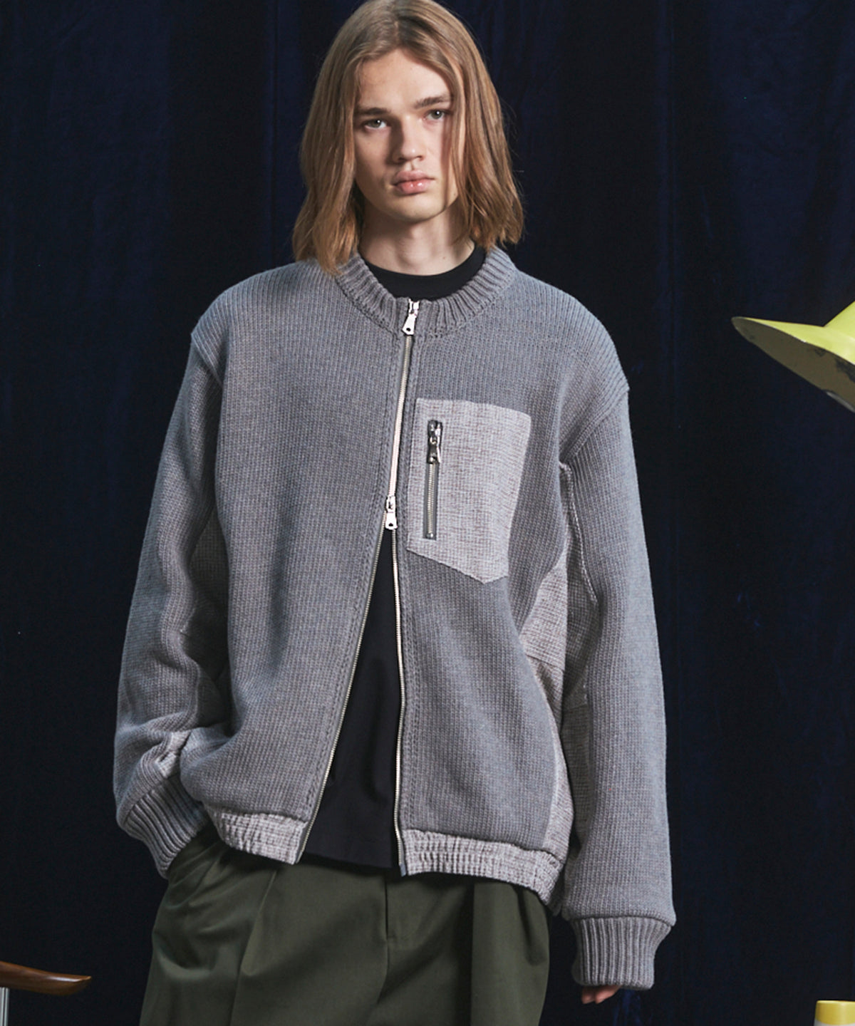 【26AW PRE-ORDER】異素材ドッキングプライムオーバークルーネックニットブルゾン