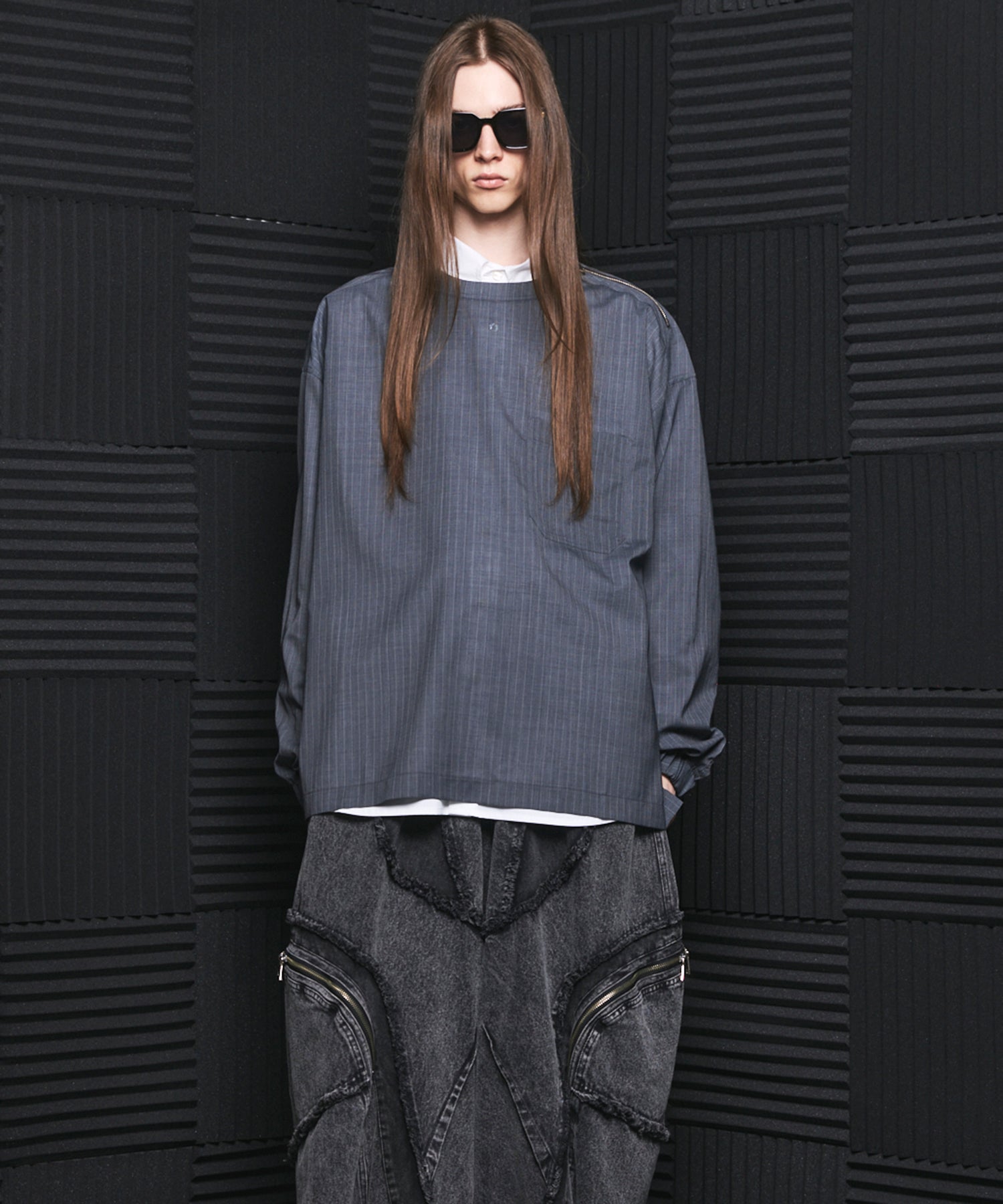 【26SS PRE-ORDER】T/W Sheer Stripe Prime-Over Side Slit Pullover Shirt