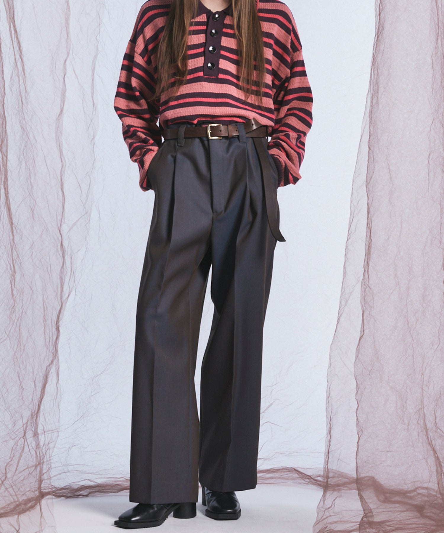 4 Colors Chambray Washable Wool Prime-Wide One Tuck Wide Pants