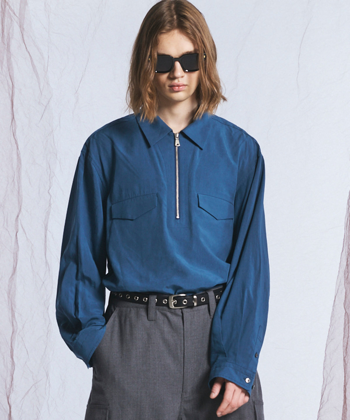 【26AW PRE-ORDER】Drapability Tencel Prime-Over Double Pocket Half-Zip Pullover Shirt