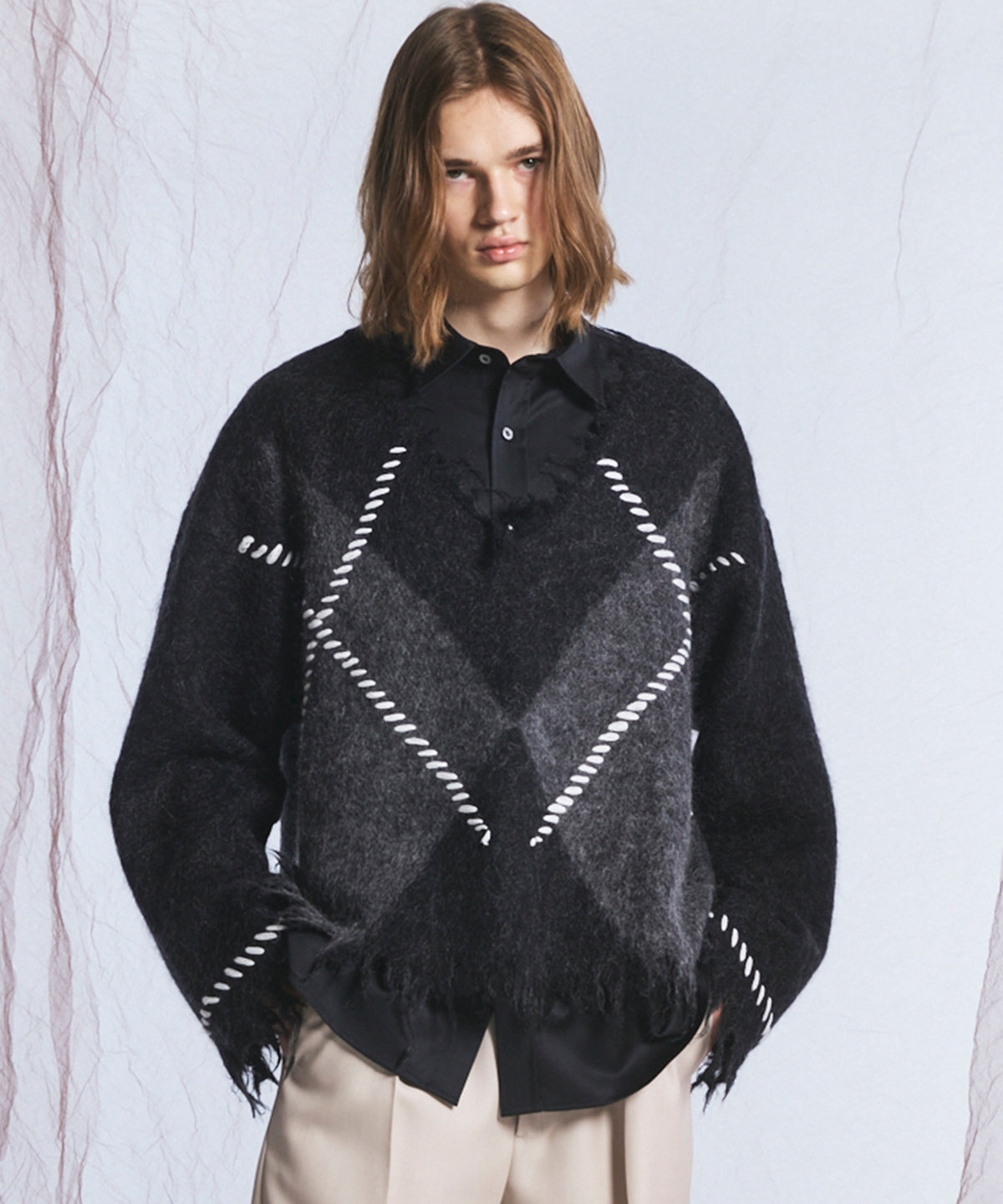 【26AW PRE-ORDER】デストロイダメージアーガイルプライムオーバーモヘヤシャギーVネックニットセーター