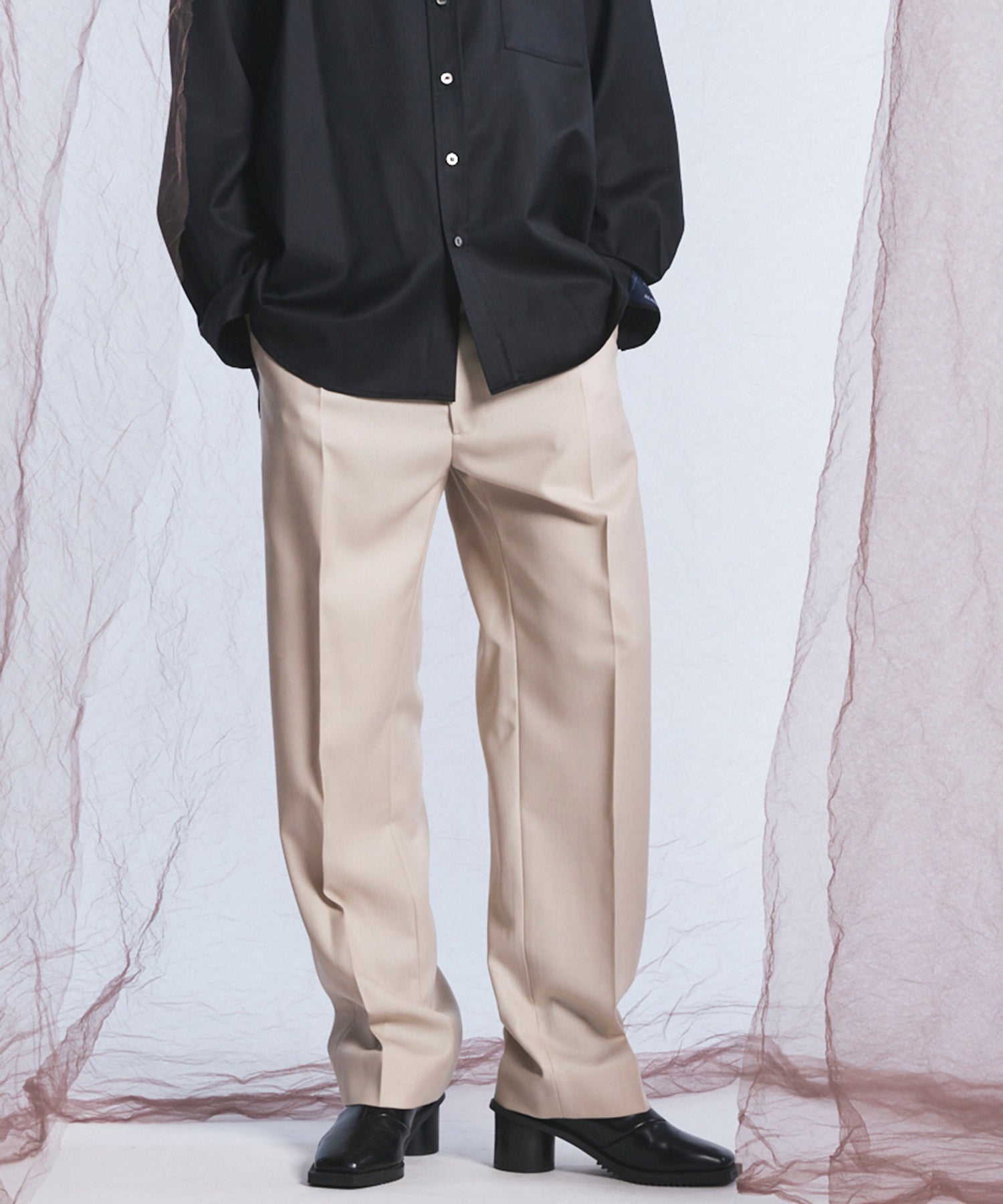 4 Colors Chambray Washable Wool One Tuck Straight Pants