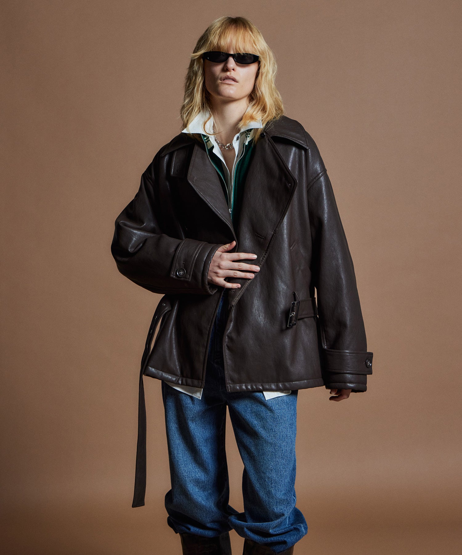 【26WINTER COLLECTION】Faux Leather Short Trench Jacket