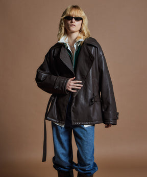 【26WINTER COLLECTION】Faux Leather Short Trench Jacket