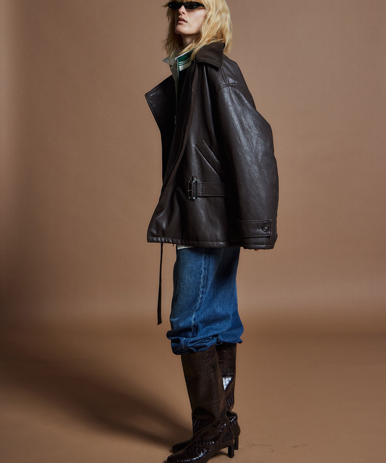 【26WINTER COLLECTION】Faux Leather Short Trench Jacket