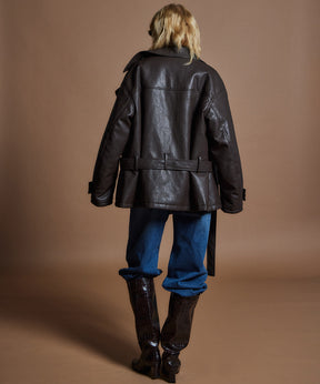 【26WINTER COLLECTION】Faux Leather Short Trench Jacket