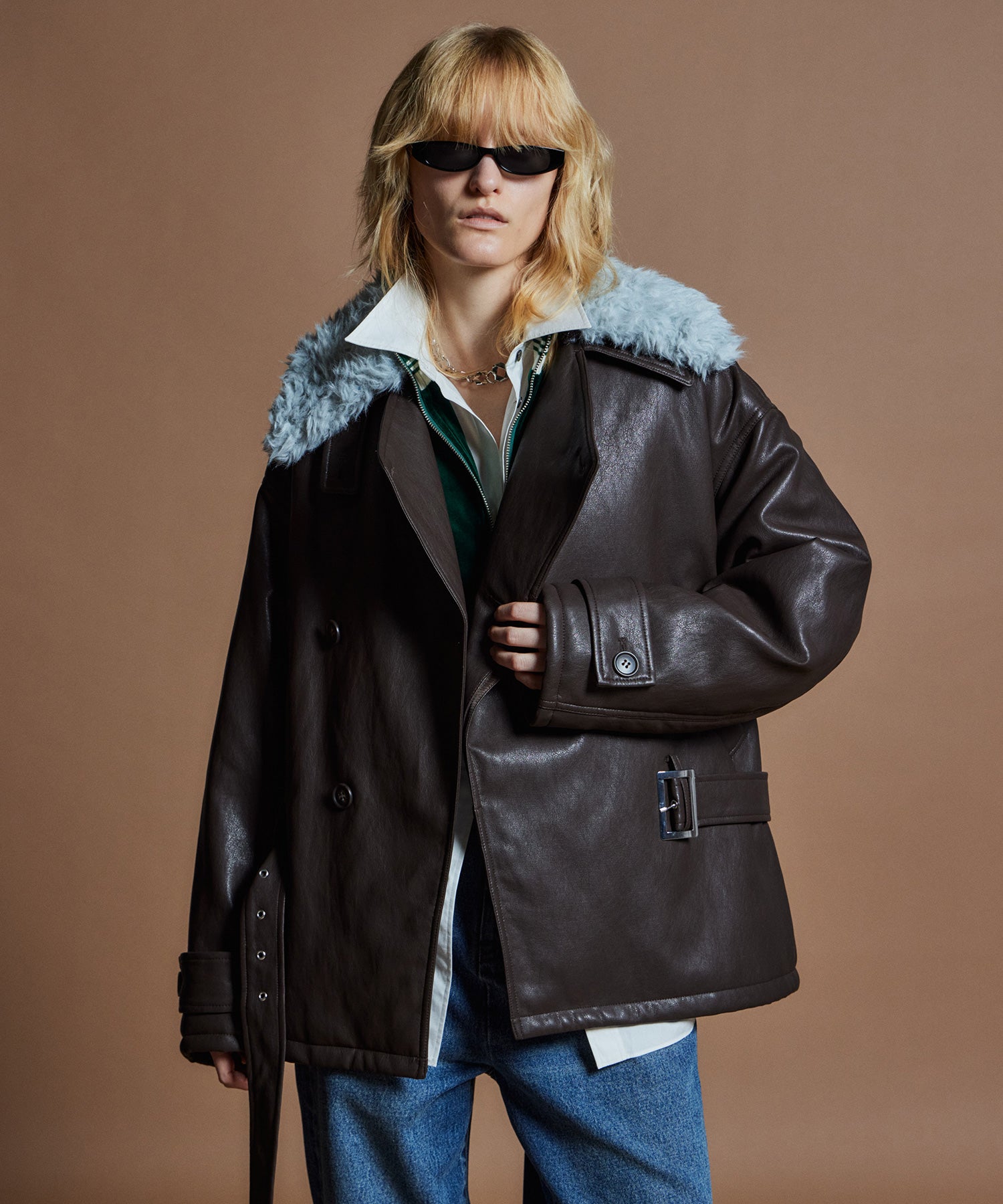 【26WINTER COLLECTION】Faux Leather Short Trench Jacket
