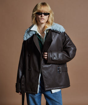 【26WINTER COLLECTION】Faux Leather Short Trench Jacket