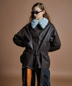 【26WINTER COLLECTION】Faux Leather Short Trench Jacket