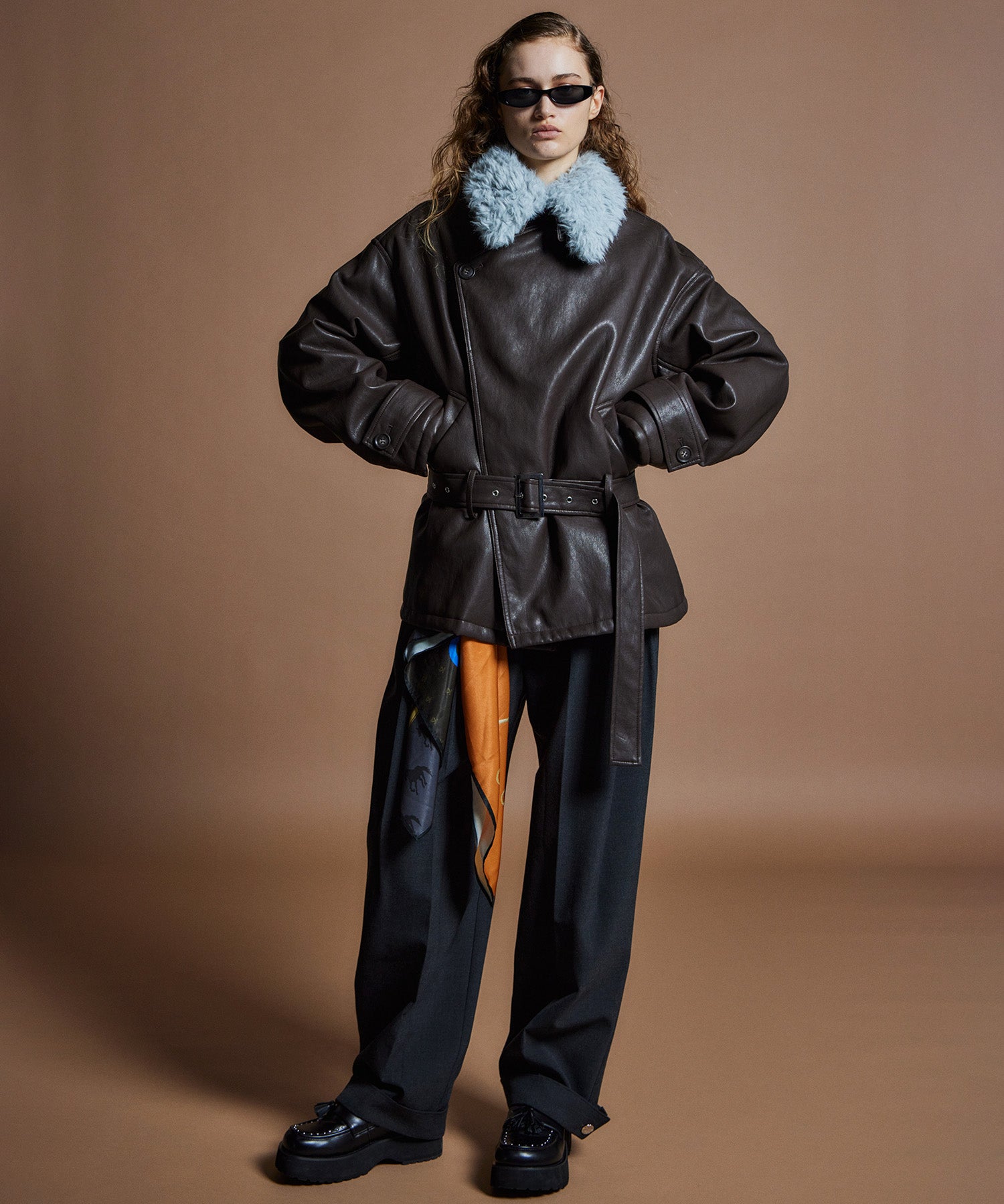 【26WINTER COLLECTION】Faux Leather Short Trench Jacket