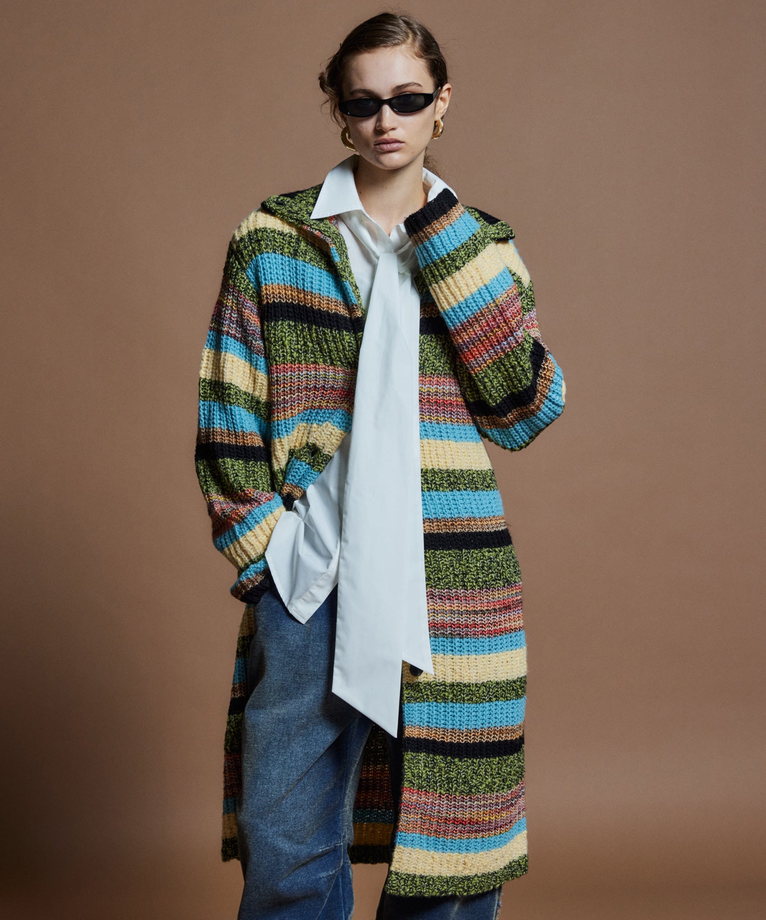 【26WINTER COLLECTION】Multi Border High Neck Knit Cardigan Dress