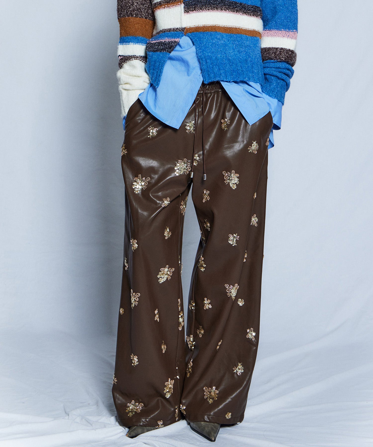 【26WINTER COLLECTION】Beads embroidery Leather Pants
