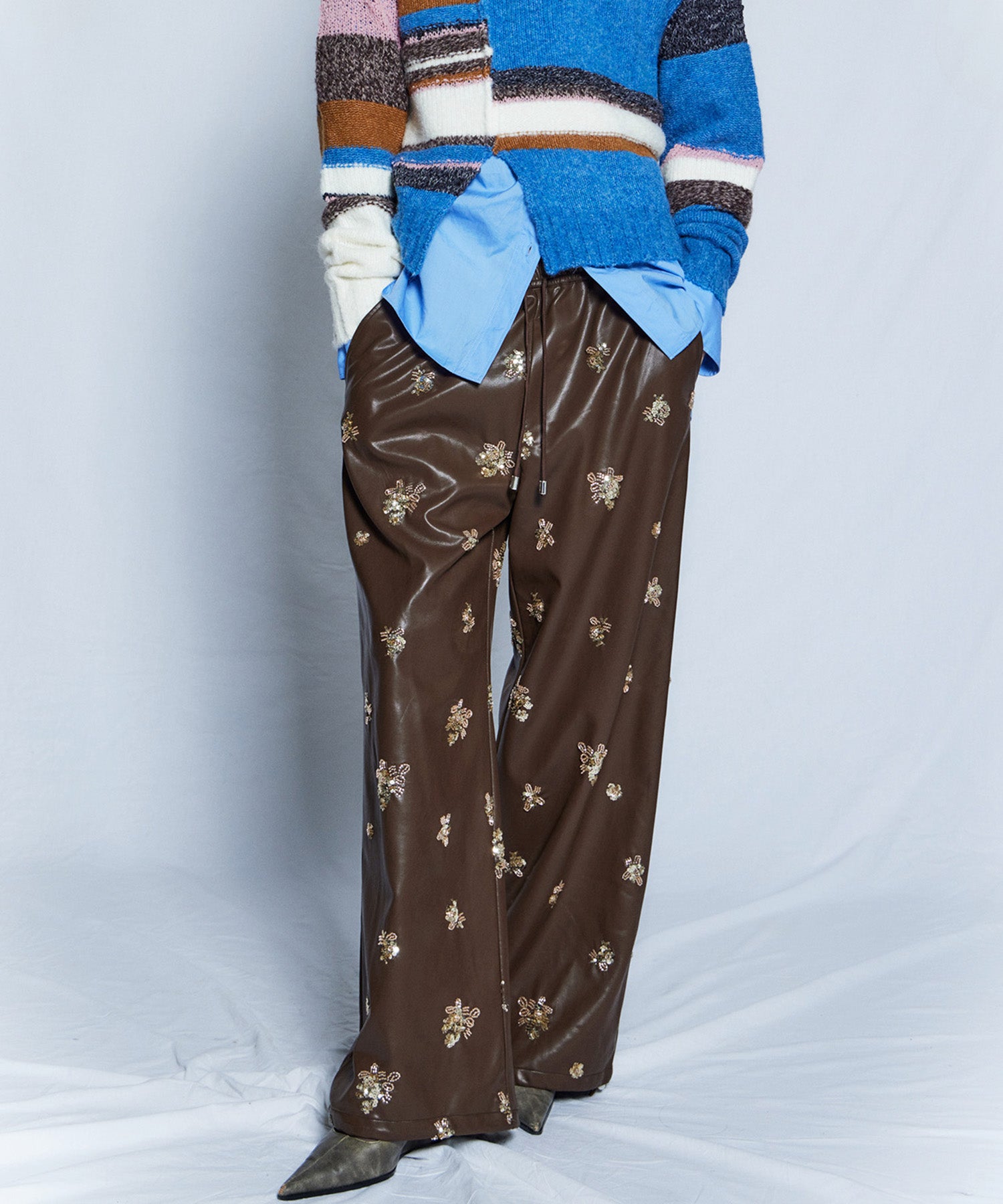 【26WINTER COLLECTION】Beads embroidery Leather Pants