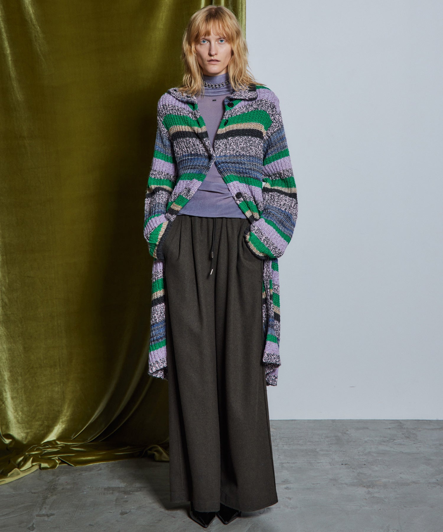 【26WINTER COLLECTION】Multi Border High Neck Knit Cardigan Dress