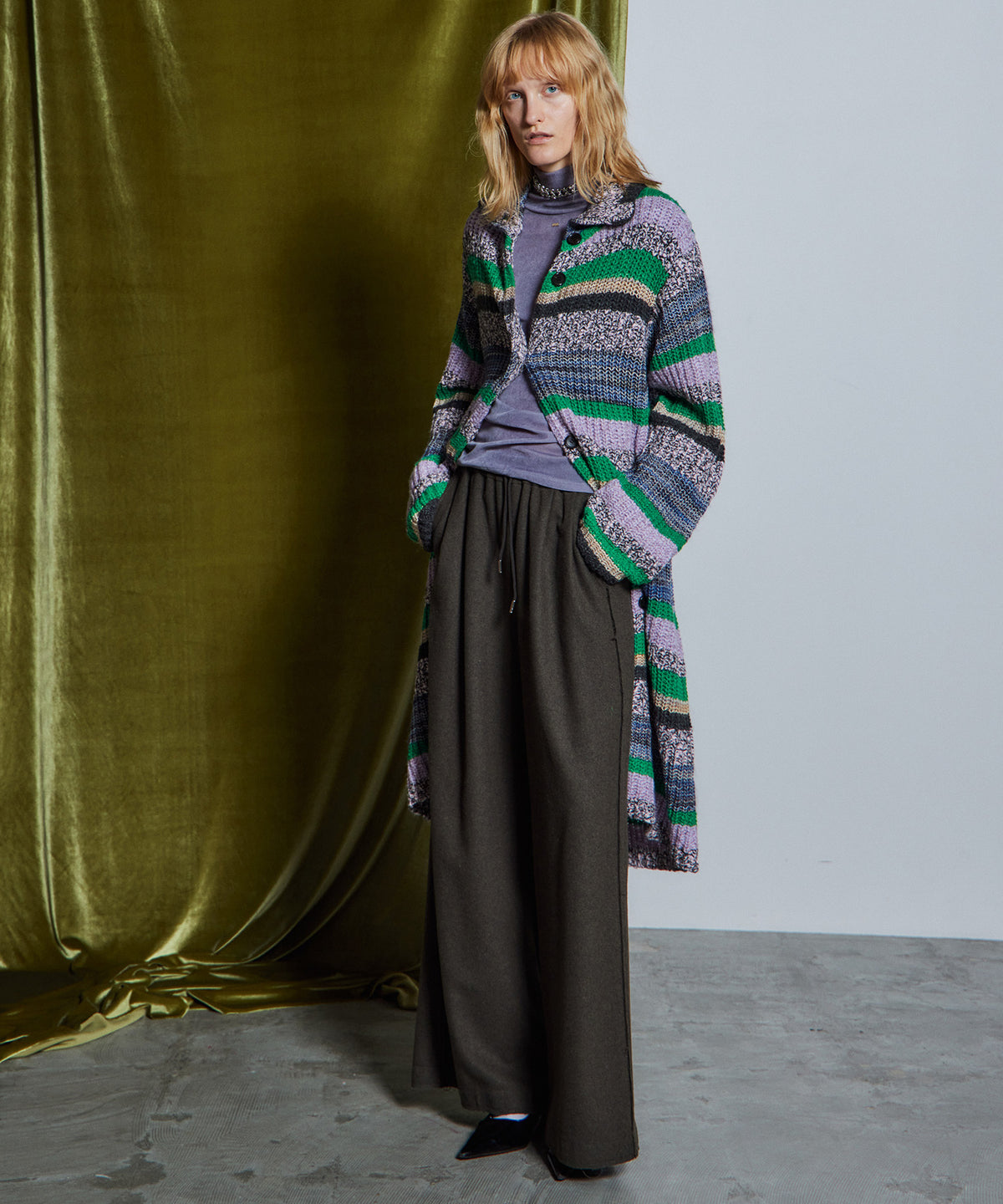 26WINTER COLLECTION: Multi Border High Neck Knit Cardigan Dress